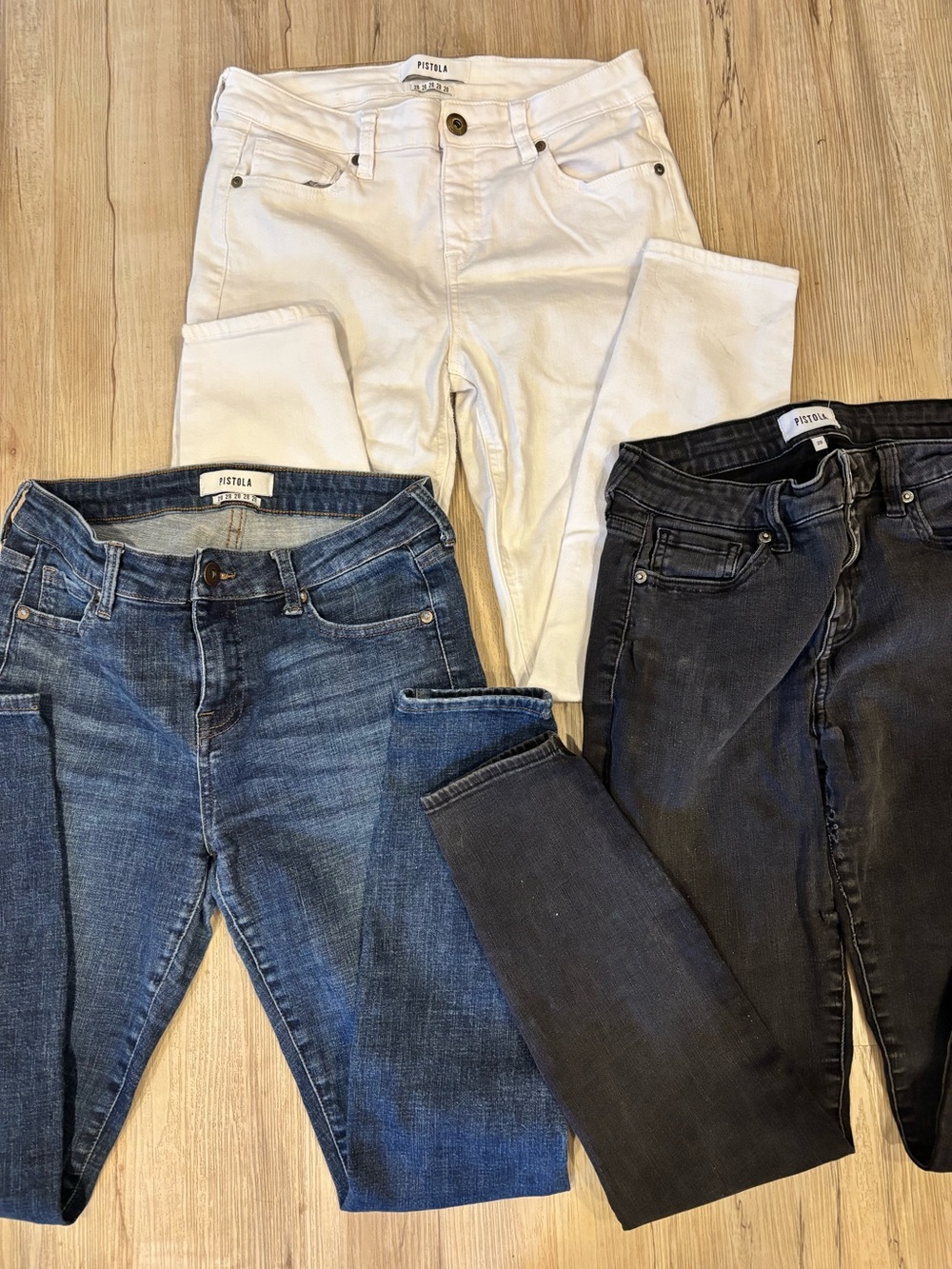 3 pairs Stretch Skinny Jeans Dark Blue, White and Black 28x26” (size 6) Pistoli